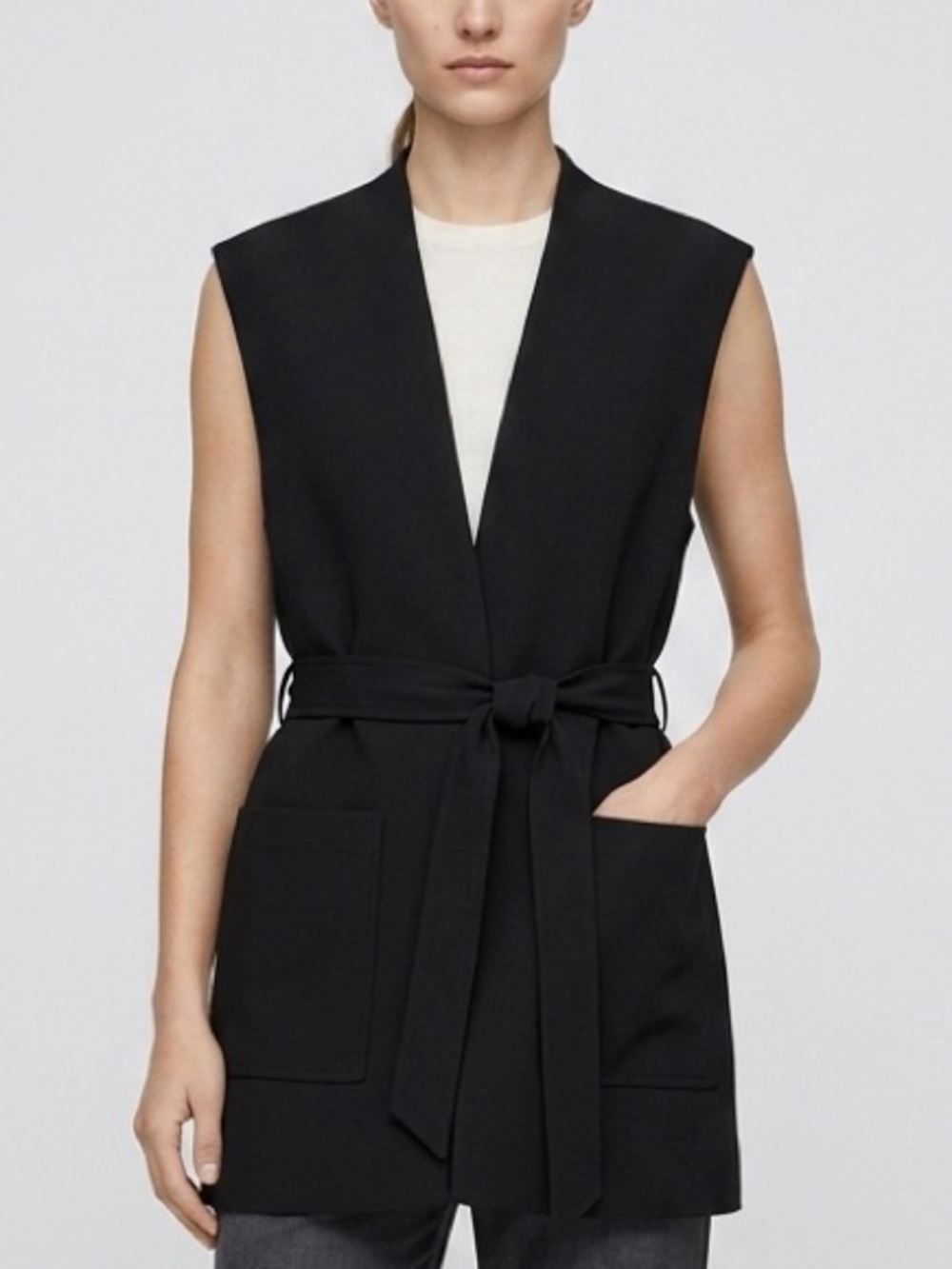 Zara Black Belted Longline Vest Cotton Blend Patch Pockets Small
